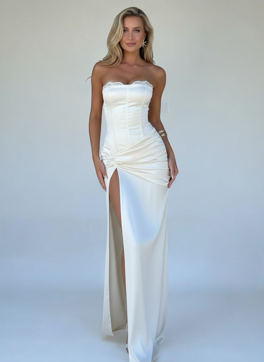 Silken Secret | Women's Structured Corset Satin Maxi Dress