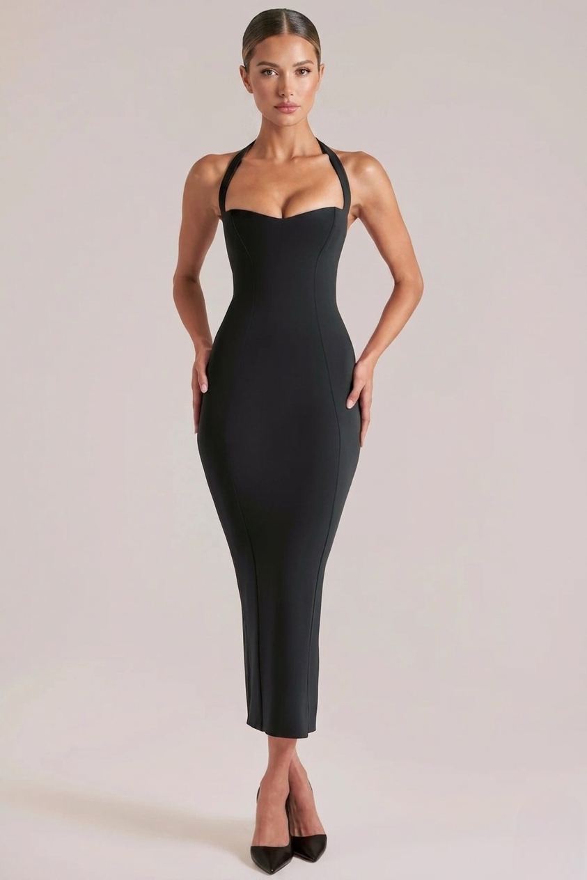 Clara | Women's Contouring Sweetheart Fluted Halter Midaxi Dress