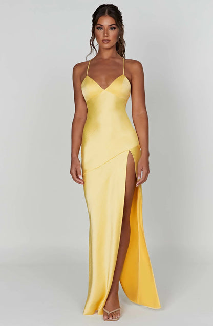 Daisy | Women's Bias-Cut Plunge-Neck Satin Slit Maxi Dress