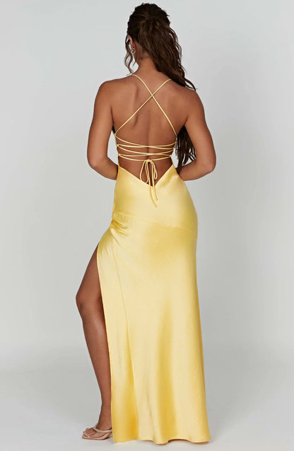 Daisy | Women's Bias-Cut Plunge-Neck Satin Slit Maxi Dress