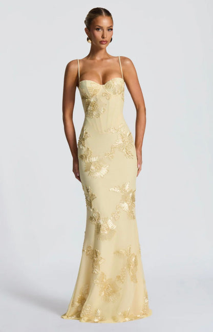 Justine | Women's Ribbon-Appliqué Mesh Maxi Gown