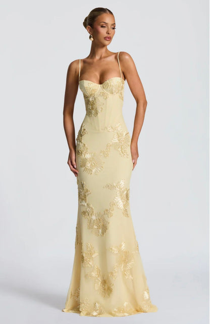 Justine | Women's Ribbon-Appliqué Mesh Maxi Gown