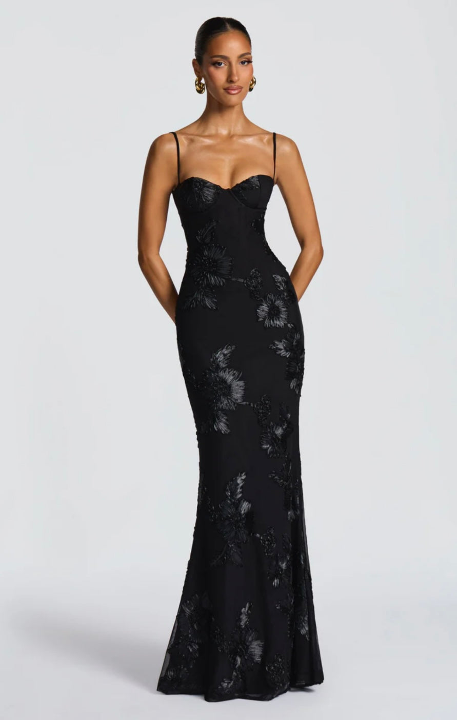 Justine | Women's Ribbon-Appliqué Mesh Maxi Gown
