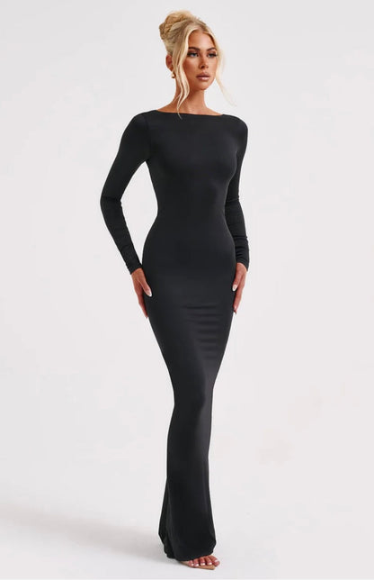 Vivienne | Women's High-Neck Open-Back Ruched Maxi Dress