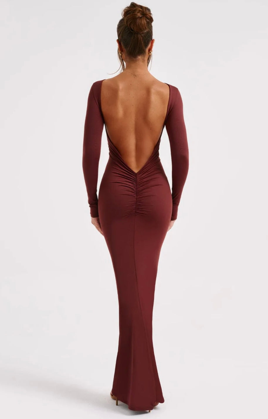 Vivienne | Women's High-Neck Open-Back Ruched Maxi Dress