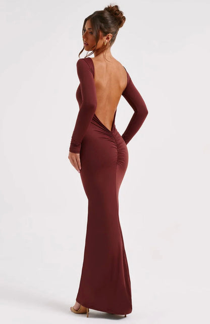 Vivienne | Women's High-Neck Open-Back Ruched Maxi Dress