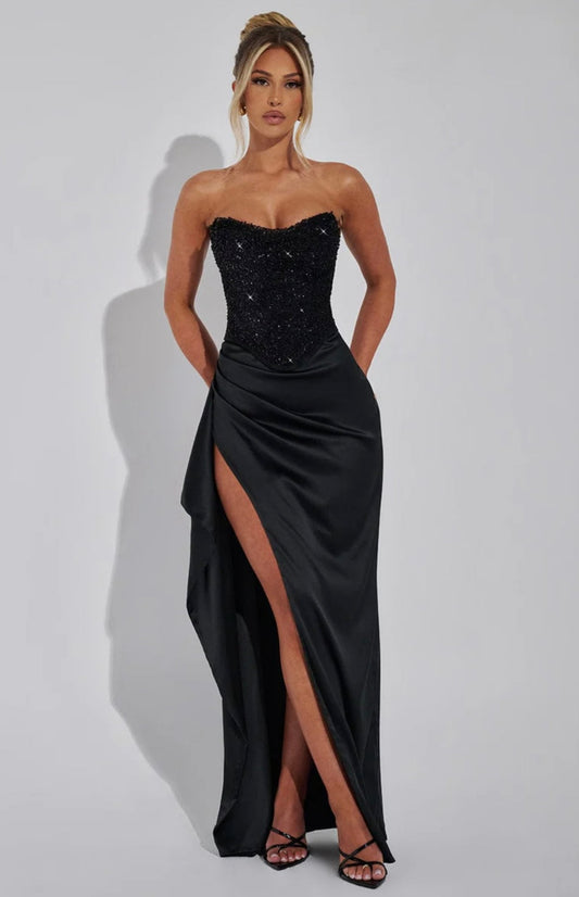 Jazzlyn | Women's Hand-Sequined Corset Satin Maxi Dress
