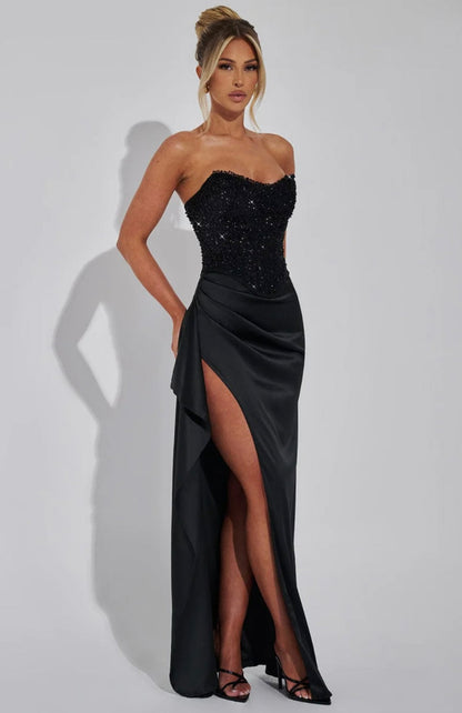 Jazzlyn | Women's Hand-Sequined Corset Satin Maxi Dress