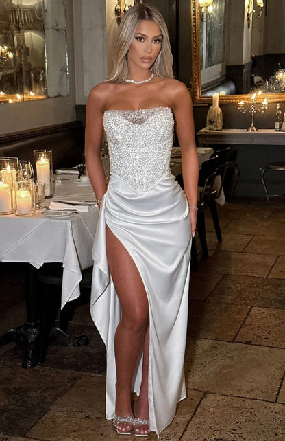 Jazzlyn | Women's Hand-Sequined Corset Satin Maxi Dress