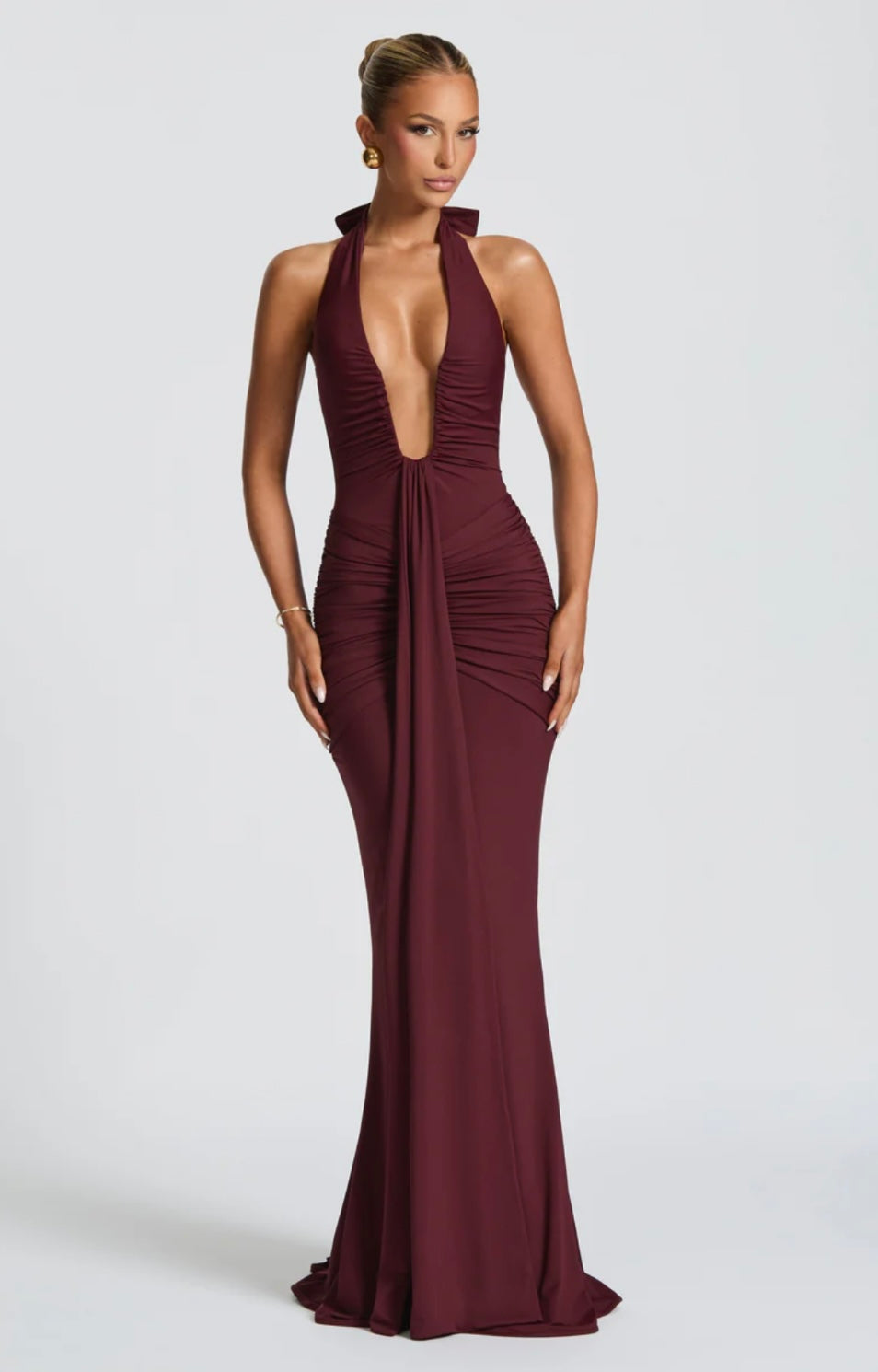 Natasha | Women's Halter Plunging Ruched Maxi Gown