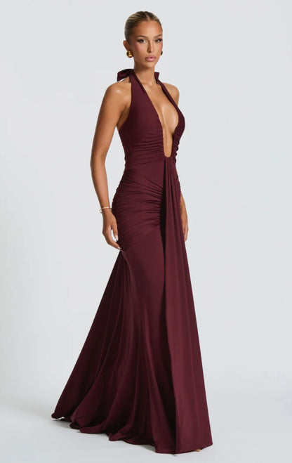 Natasha | Women's Halter Plunging Ruched Maxi Gown