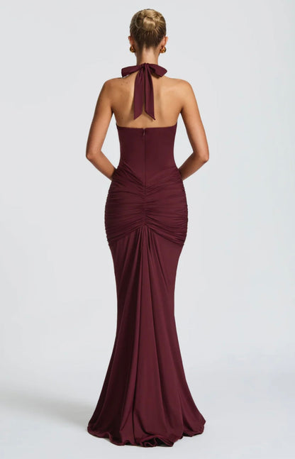 Natasha | Women's Halter Plunging Ruched Maxi Gown