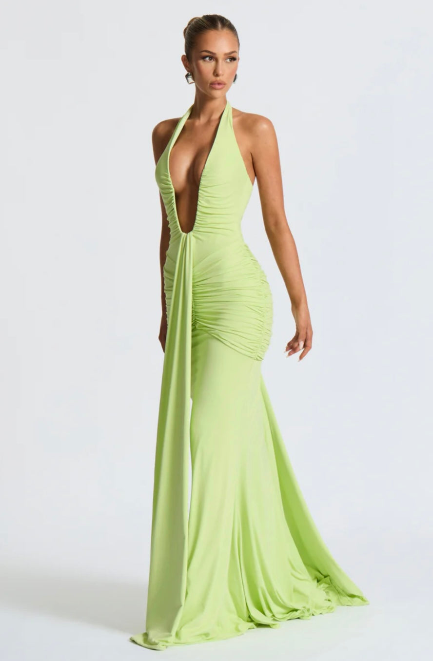 Natasha | Women's Halter Plunging Ruched Maxi Gown