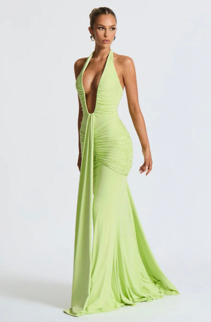 Natasha | Women's Halter Plunging Ruched Maxi Gown