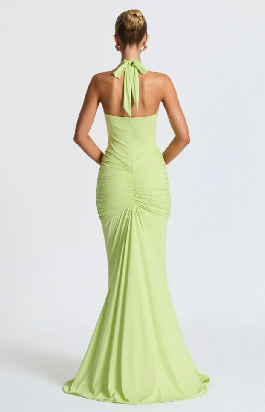 Natasha | Women's Halter Plunging Ruched Maxi Gown