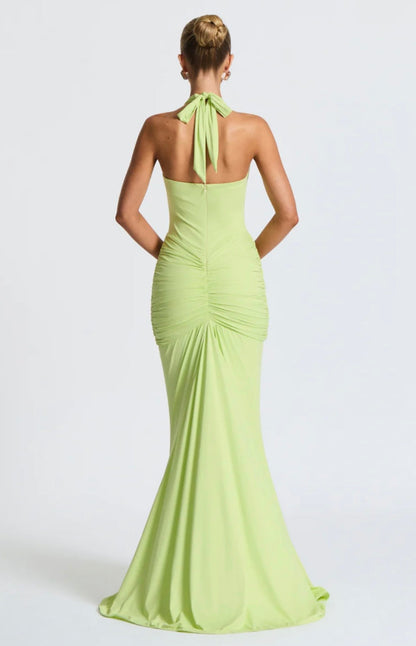Natasha | Women's Halter Plunging Ruched Maxi Gown