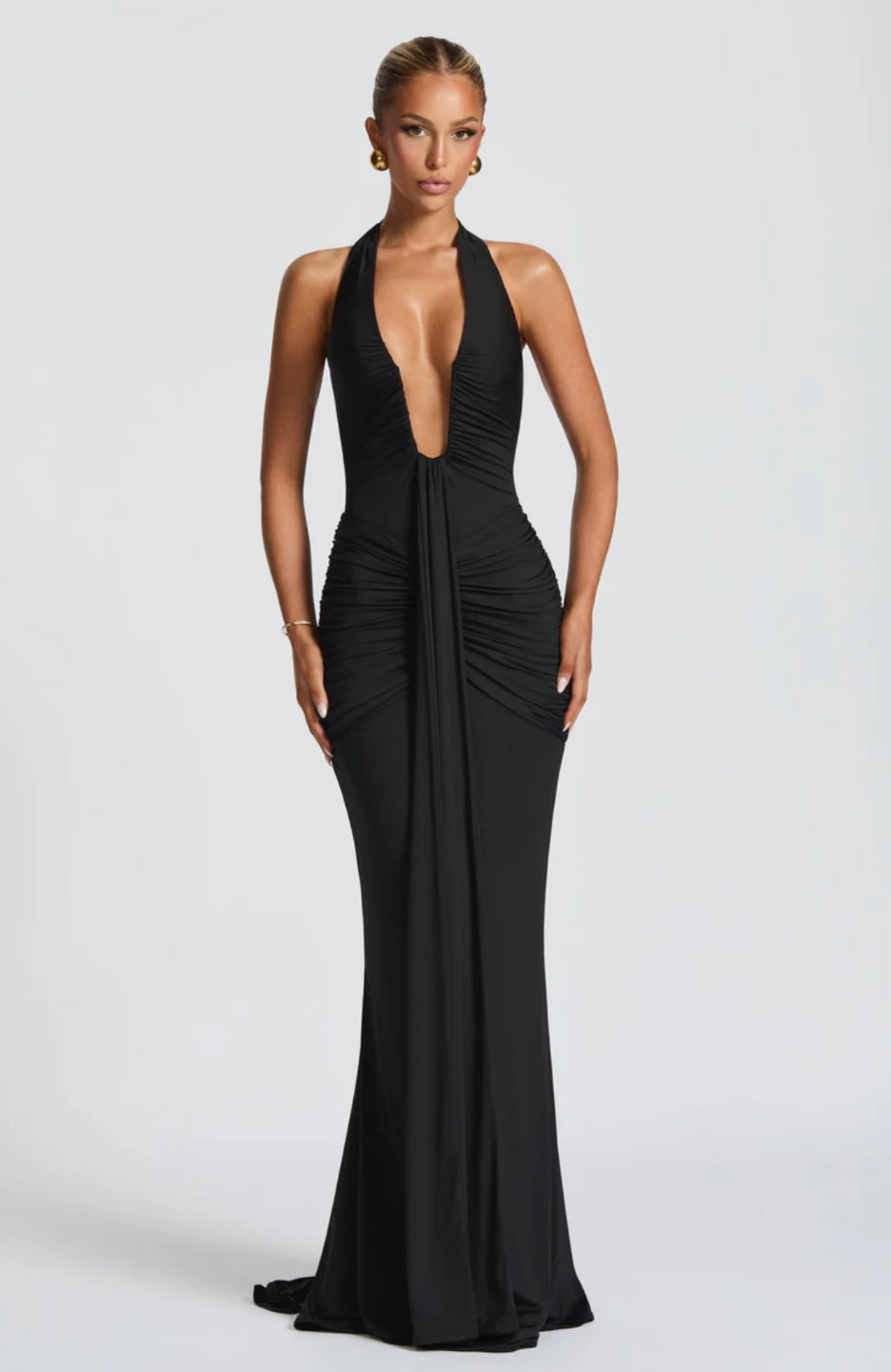 Natasha | Women's Halter Plunging Ruched Maxi Gown