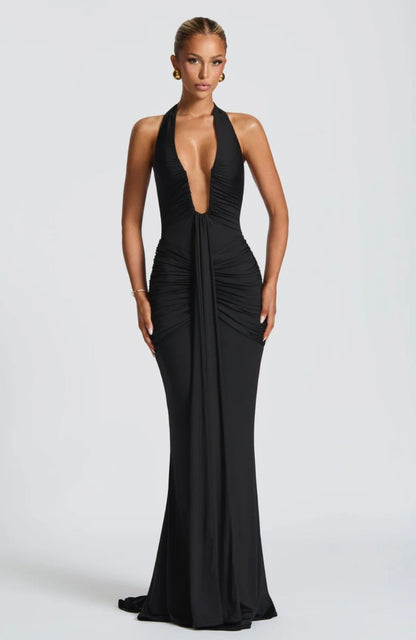 Natasha | Women's Halter Plunging Ruched Maxi Gown