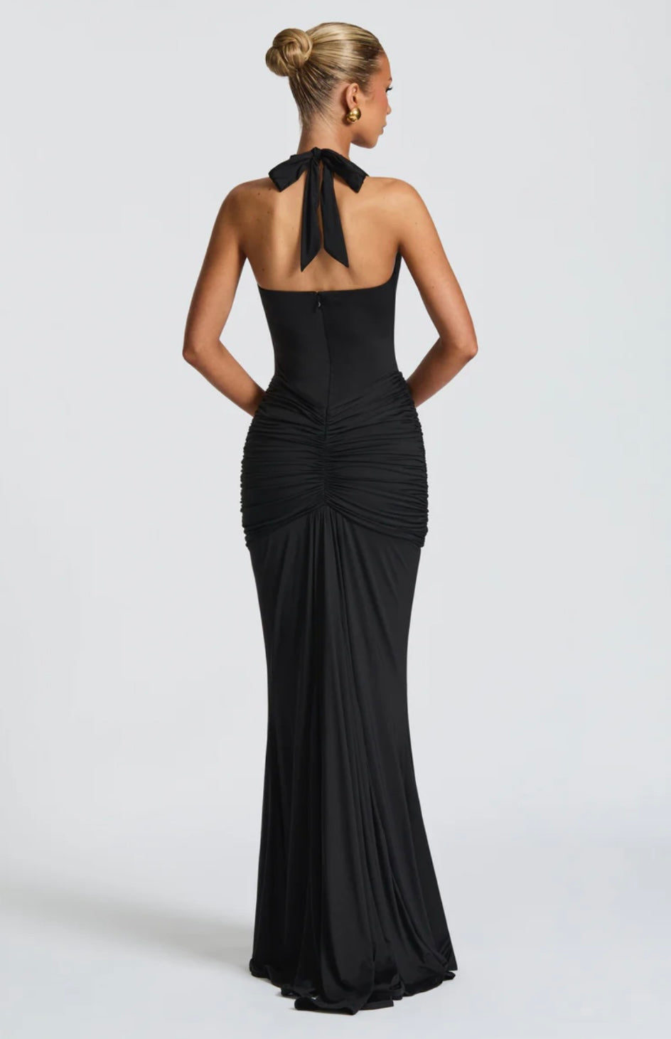 Natasha | Women's Halter Plunging Ruched Maxi Gown