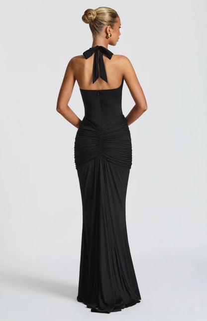 Natasha | Women's Halter Plunging Ruched Maxi Gown