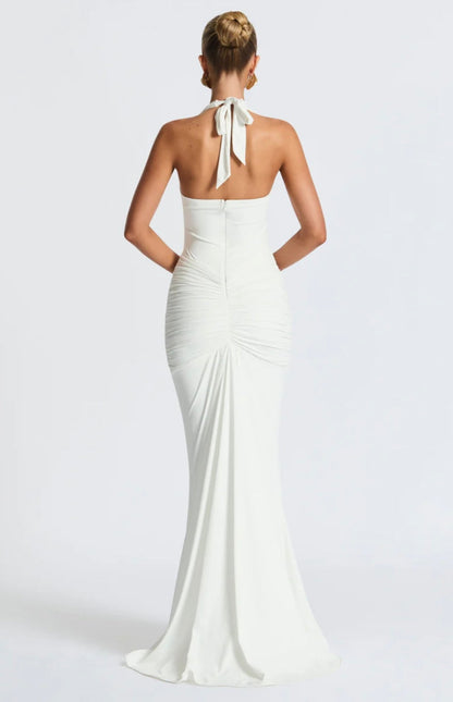 Natasha | Women's Halter Plunging Ruched Maxi Gown