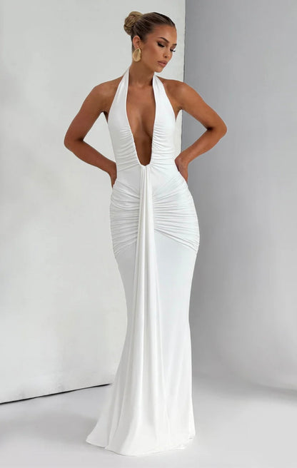 Natasha | Women's Halter Plunging Ruched Maxi Gown