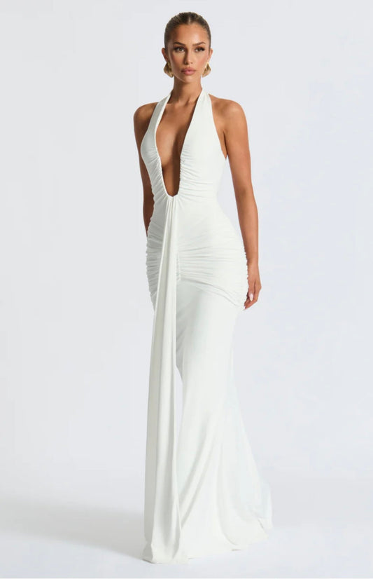 Natasha | Women's Halter Plunging Ruched Maxi Gown