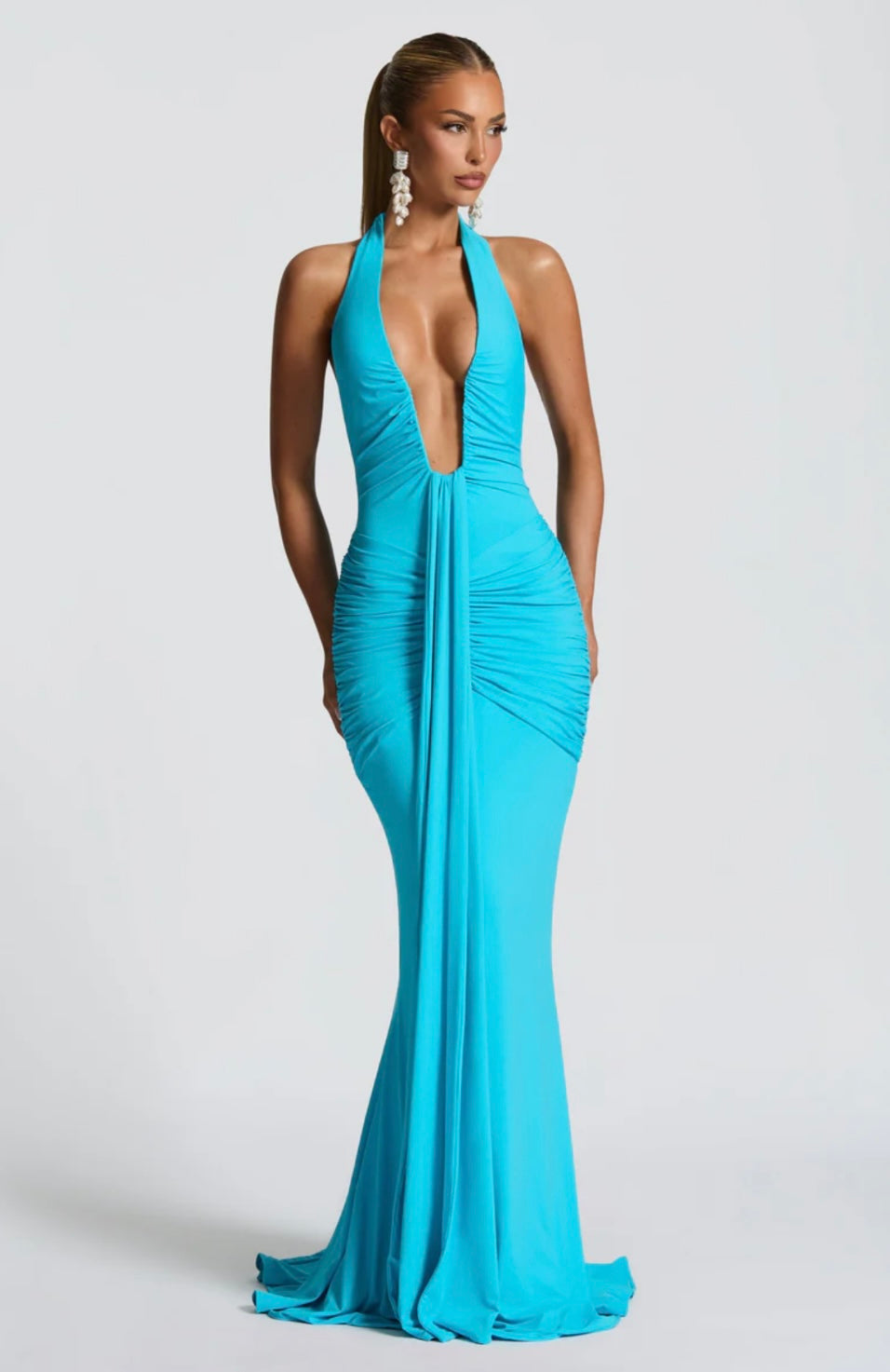Natasha | Women's Halter Plunging Ruched Maxi Gown