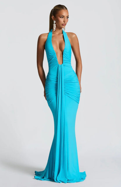 Natasha | Women's Halter Plunging Ruched Maxi Gown