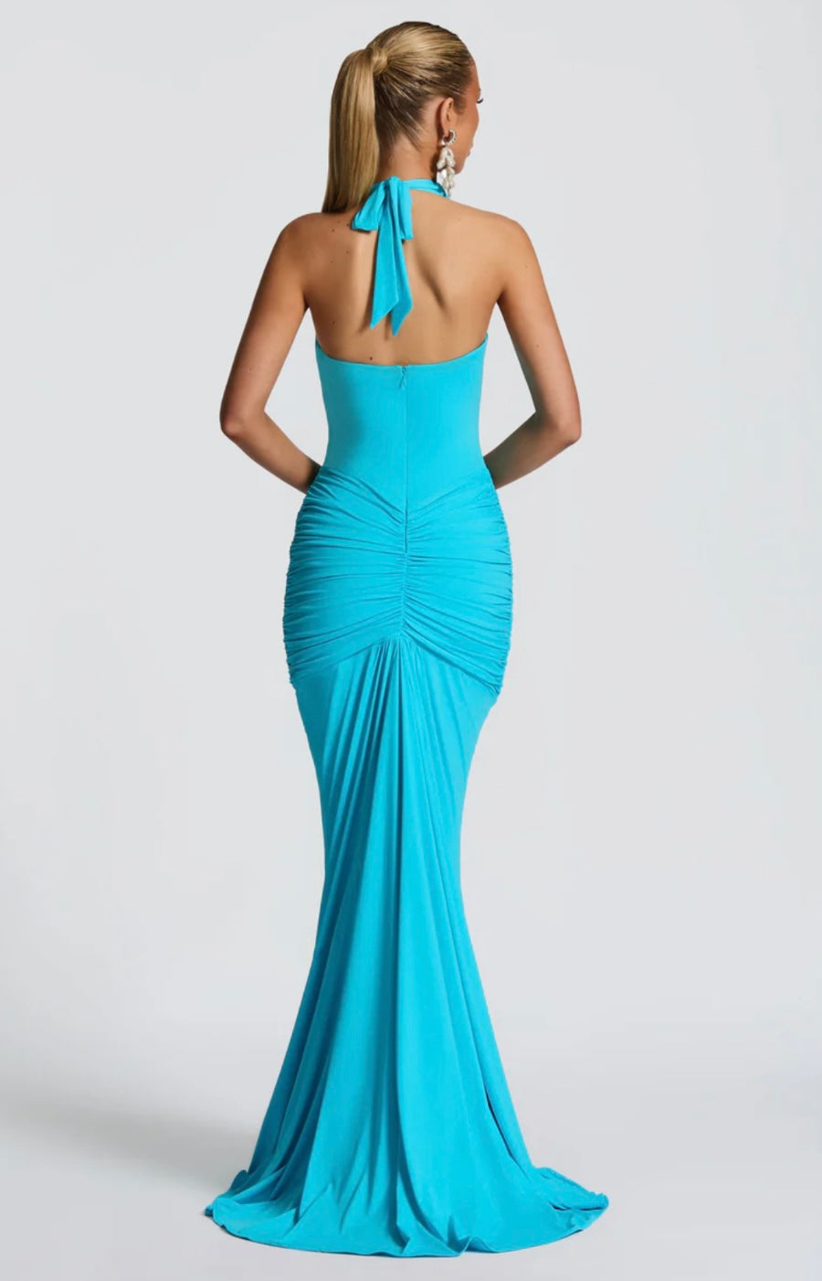 Natasha | Women's Halter Plunging Ruched Maxi Gown