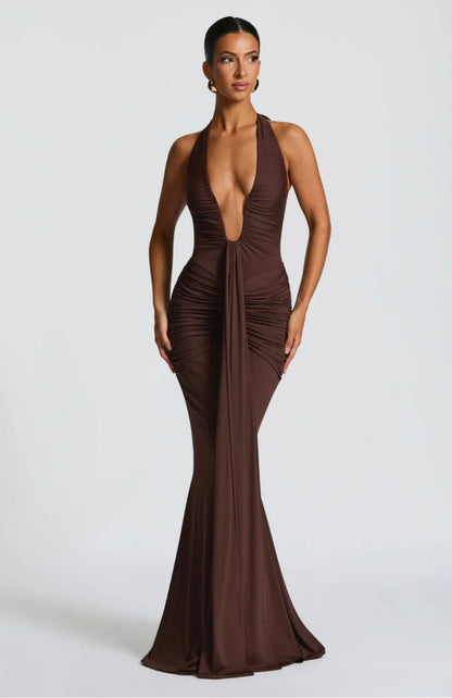 Natasha | Women's Halter Plunging Ruched Maxi Gown