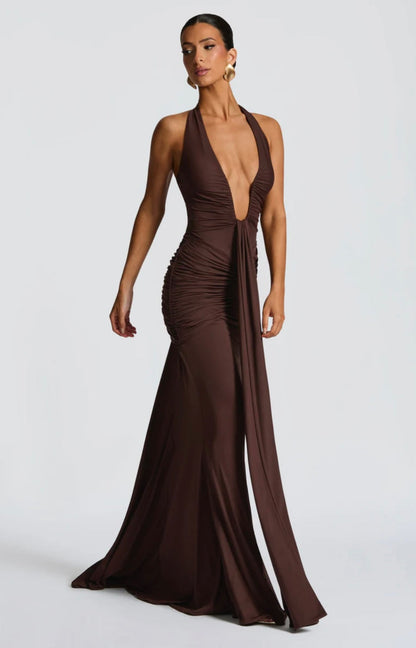 Natasha | Women's Halter Plunging Ruched Maxi Gown