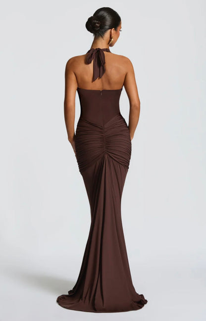 Natasha | Women's Halter Plunging Ruched Maxi Gown