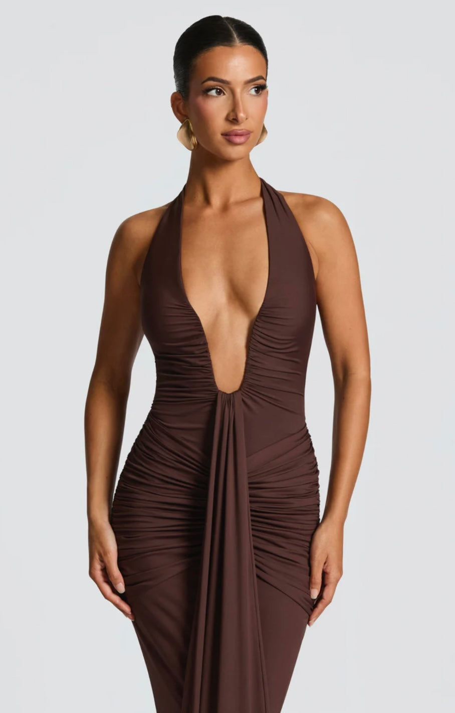 Natasha | Women's Halter Plunging Ruched Maxi Gown