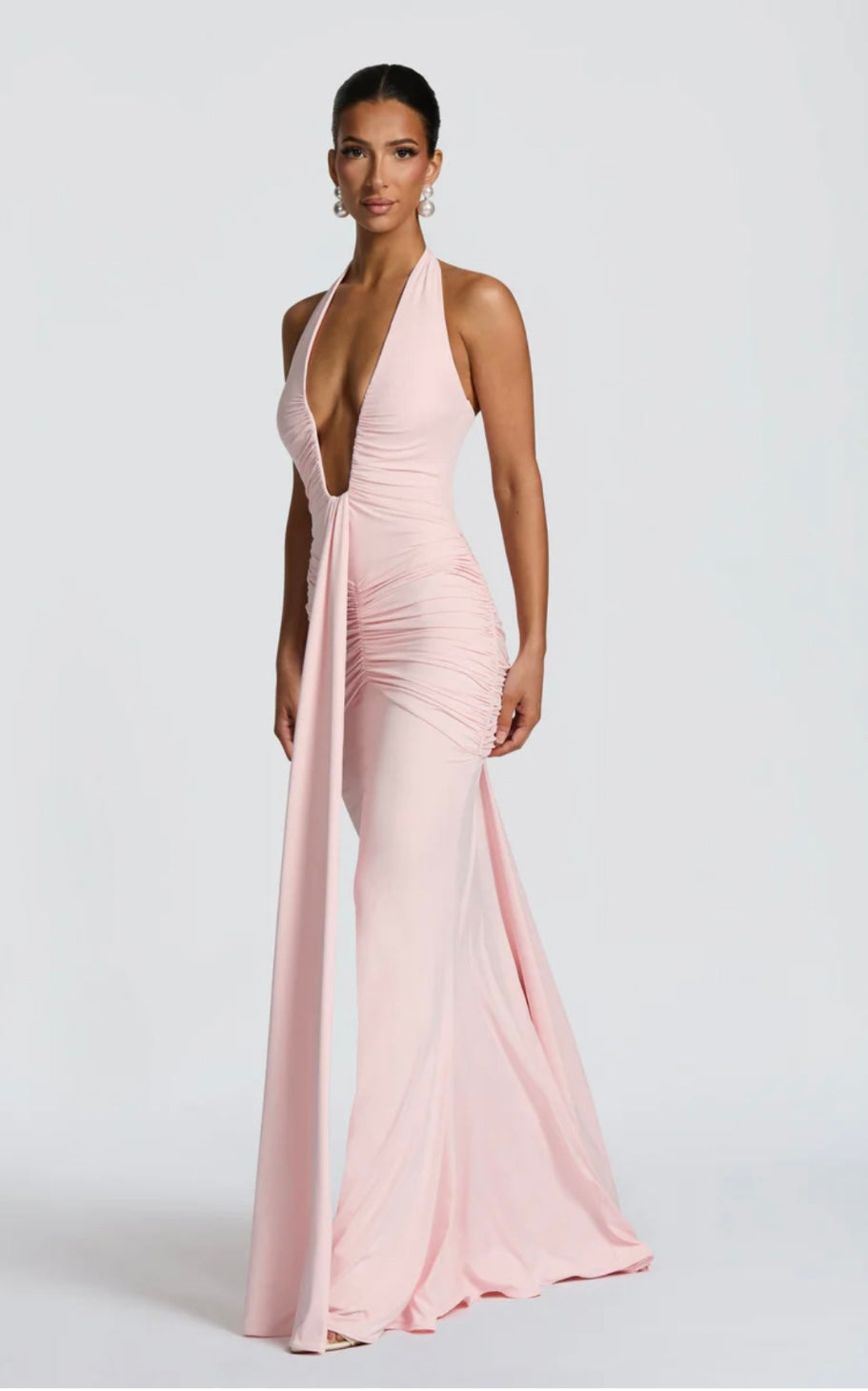 Natasha | Women's Halter Plunging Ruched Maxi Gown