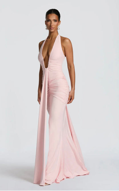 Natasha | Women's Halter Plunging Ruched Maxi Gown
