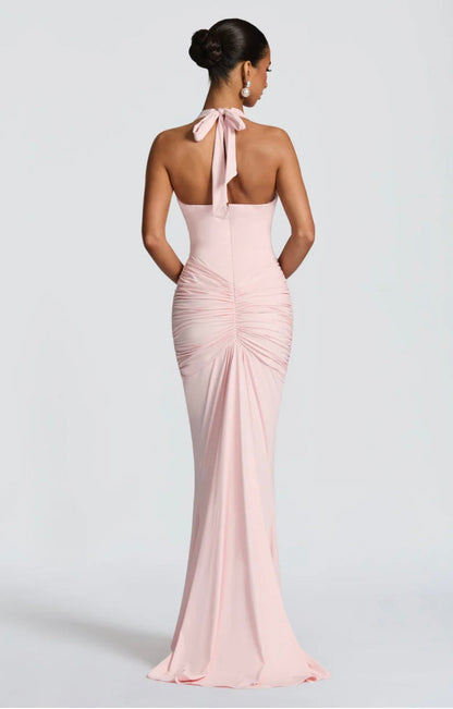 Natasha | Women's Halter Plunging Ruched Maxi Gown