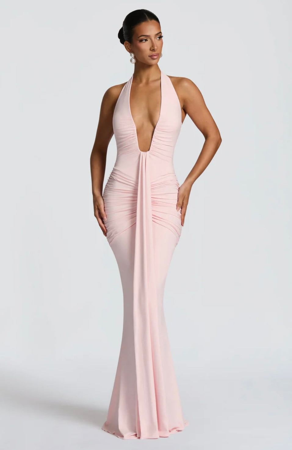Natasha | Women's Halter Plunging Ruched Maxi Gown