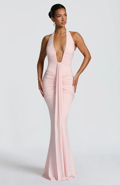Natasha | Women's Halter Plunging Ruched Maxi Gown