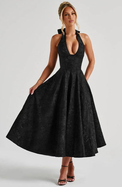 Floriane | Women's Underwired Halter Tulle Jacquard Midi Dress