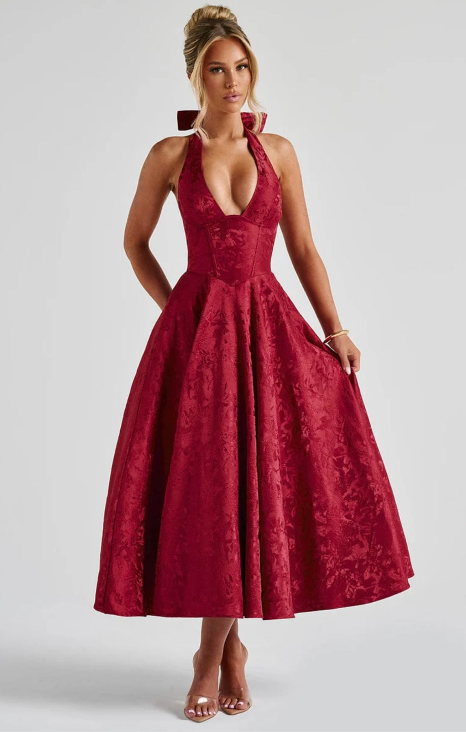 Floriane | Women's Underwired Halter Tulle Jacquard Midi Dress