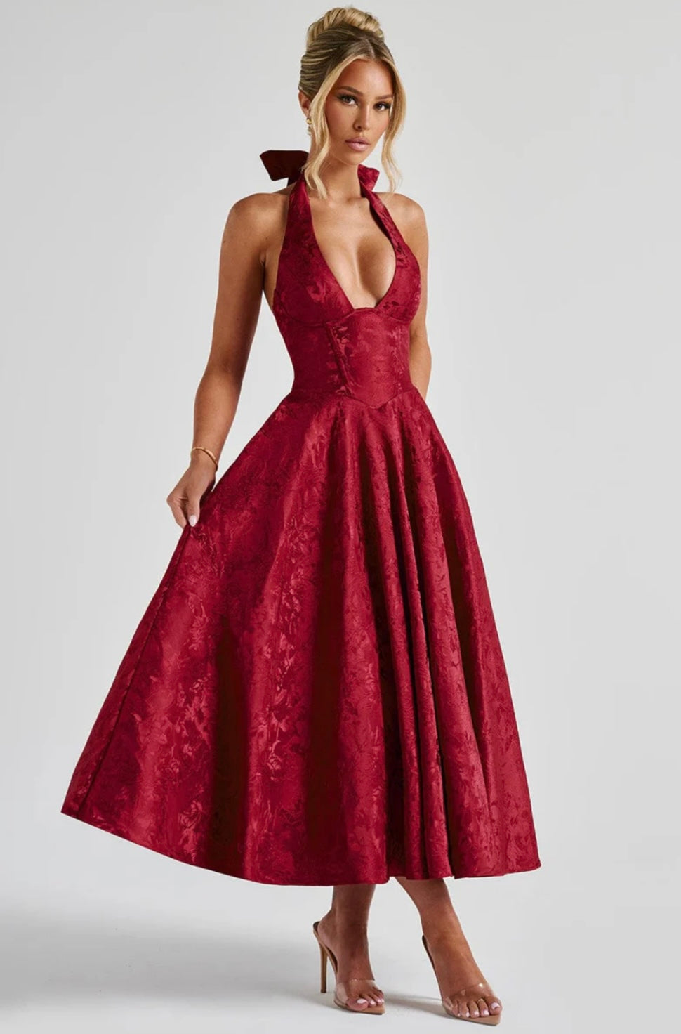 Floriane | Women's Underwired Halter Tulle Jacquard Midi Dress