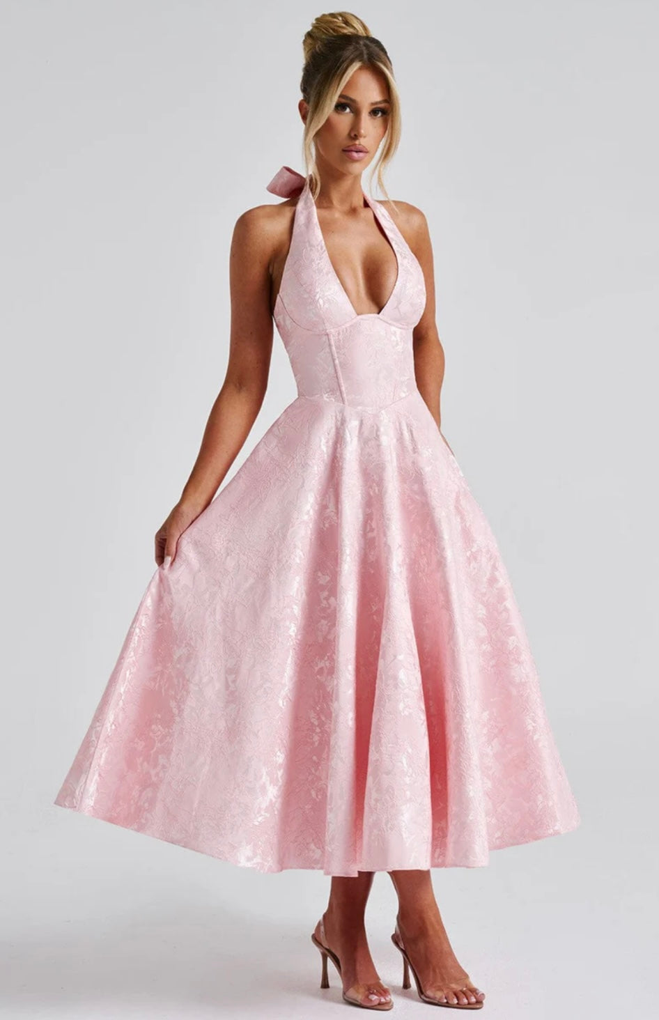 Floriane | Women's Underwired Halter Tulle Jacquard Midi Dress