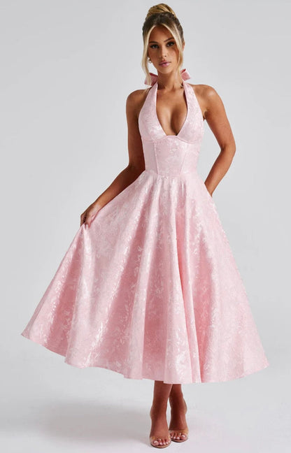 Floriane | Women's Underwired Halter Tulle Jacquard Midi Dress