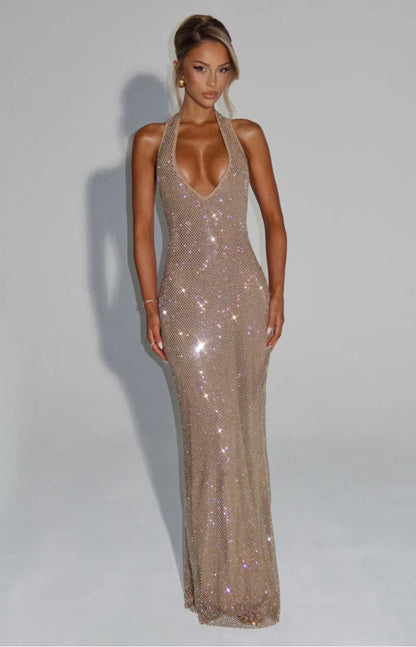 Cassidy | Women's Plunging Backless Crystal Mesh Halter Maxi Dress