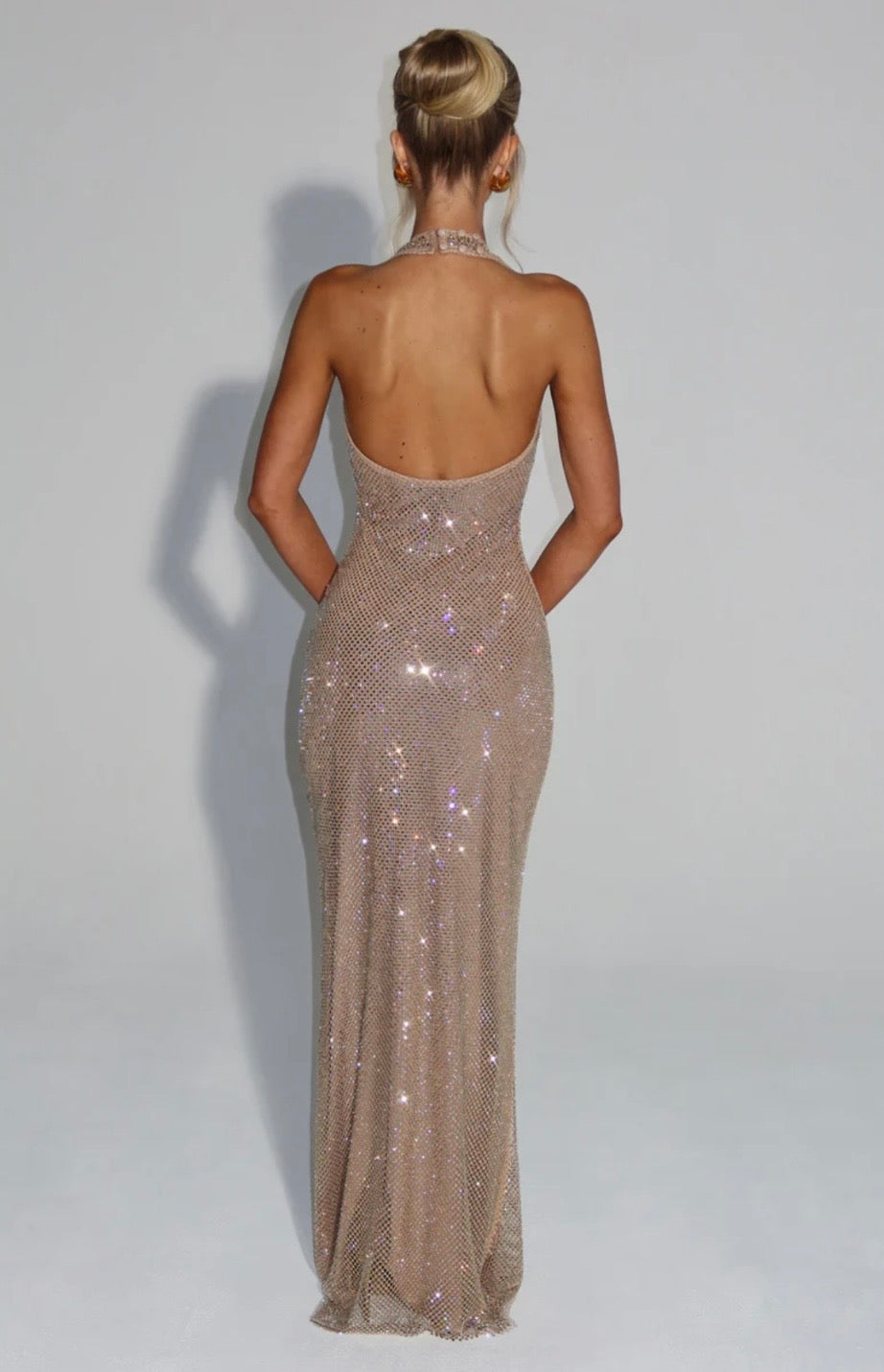 Cassidy | Women's Plunging Backless Crystal Mesh Halter Maxi Dress