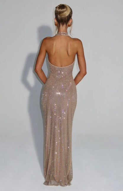 Cassidy | Women's Plunging Backless Crystal Mesh Halter Maxi Dress