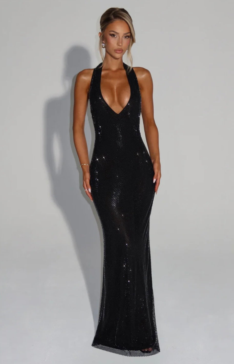 Cassidy | Women's Plunging Backless Crystal Mesh Halter Maxi Dress