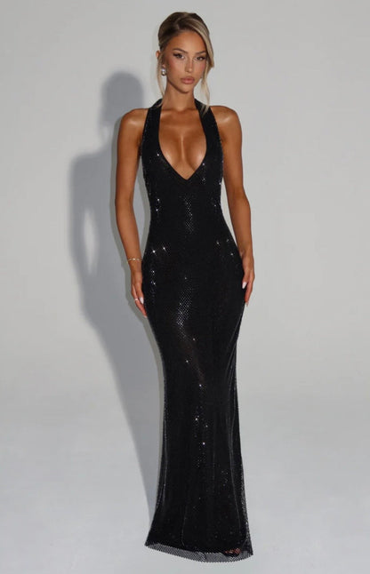 Cassidy | Women's Plunging Backless Crystal Mesh Halter Maxi Dress