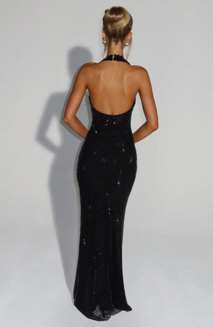 Cassidy | Women's Plunging Backless Crystal Mesh Halter Maxi Dress